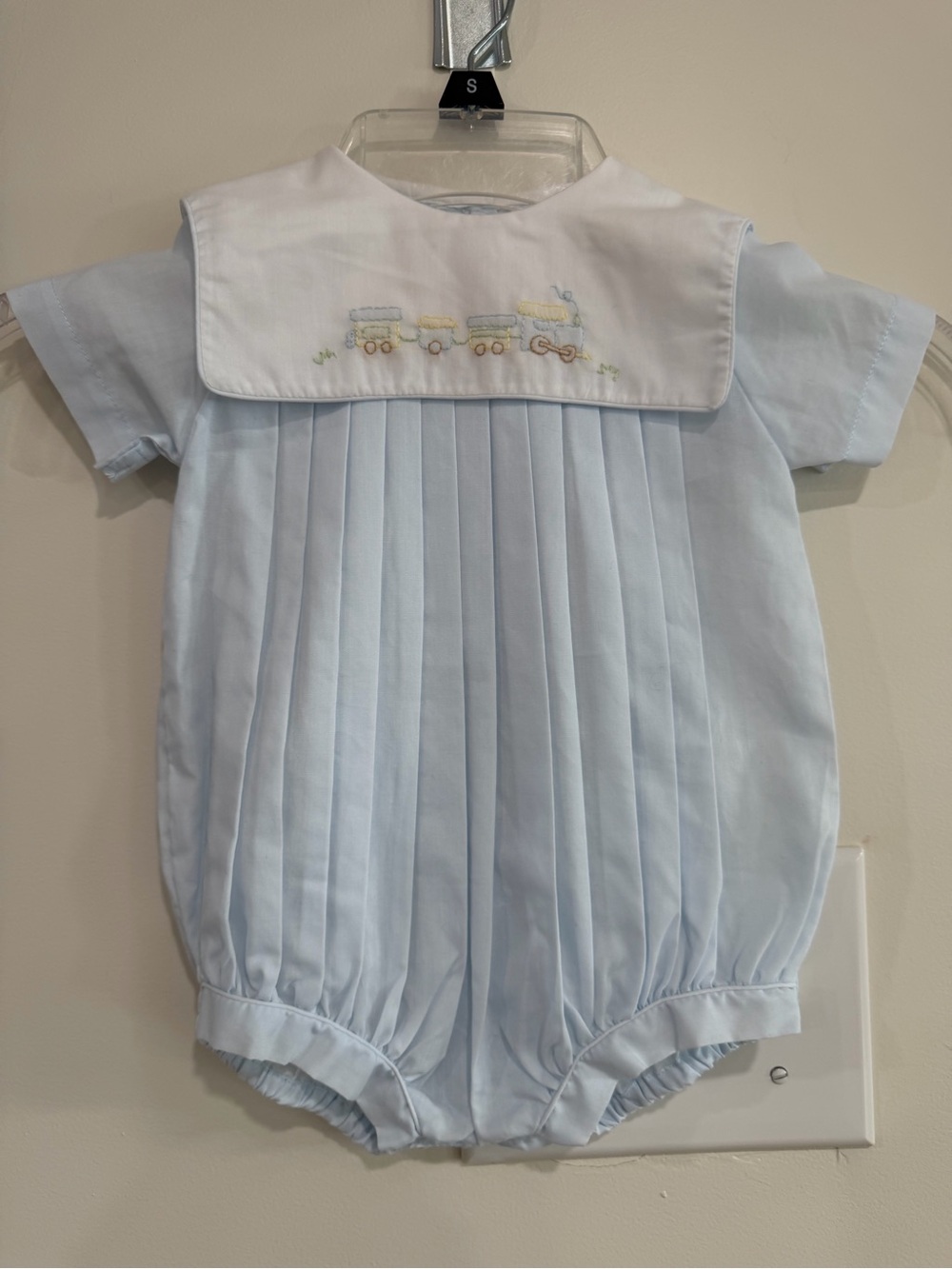 Petit Ami Light Blue Train Embroidered Pleated One-Piece